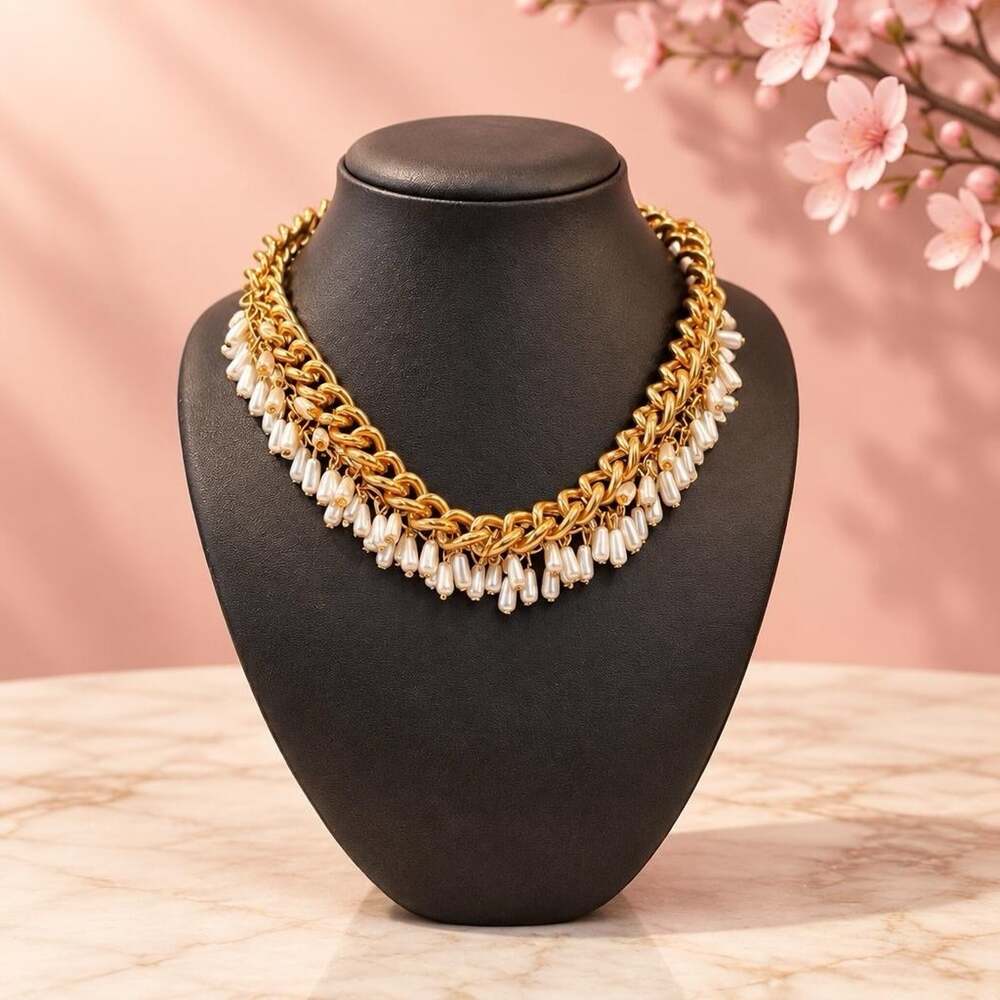 Gold Tone Chunky Chain Necklace with White Pearl Style Dangle Beads